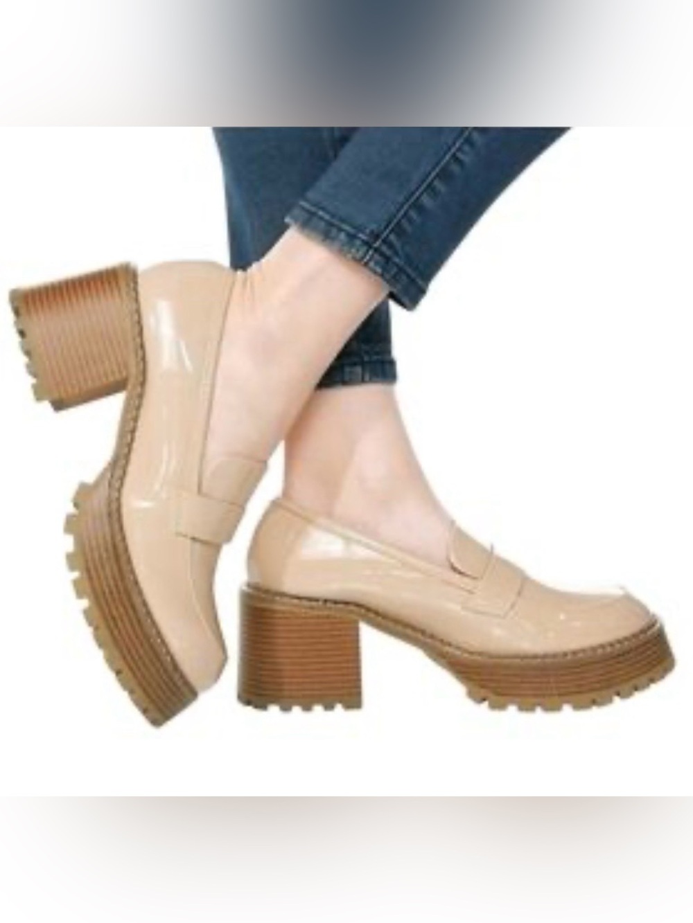 Mia Delilah Chunky Platform Heal Loafers Glossy Nude/Tan Patent Finish Size 7.5